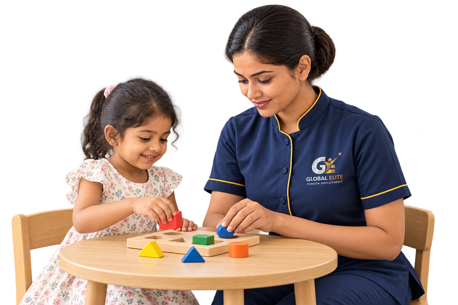 Global Elite worker helping a child with a shape puzzle