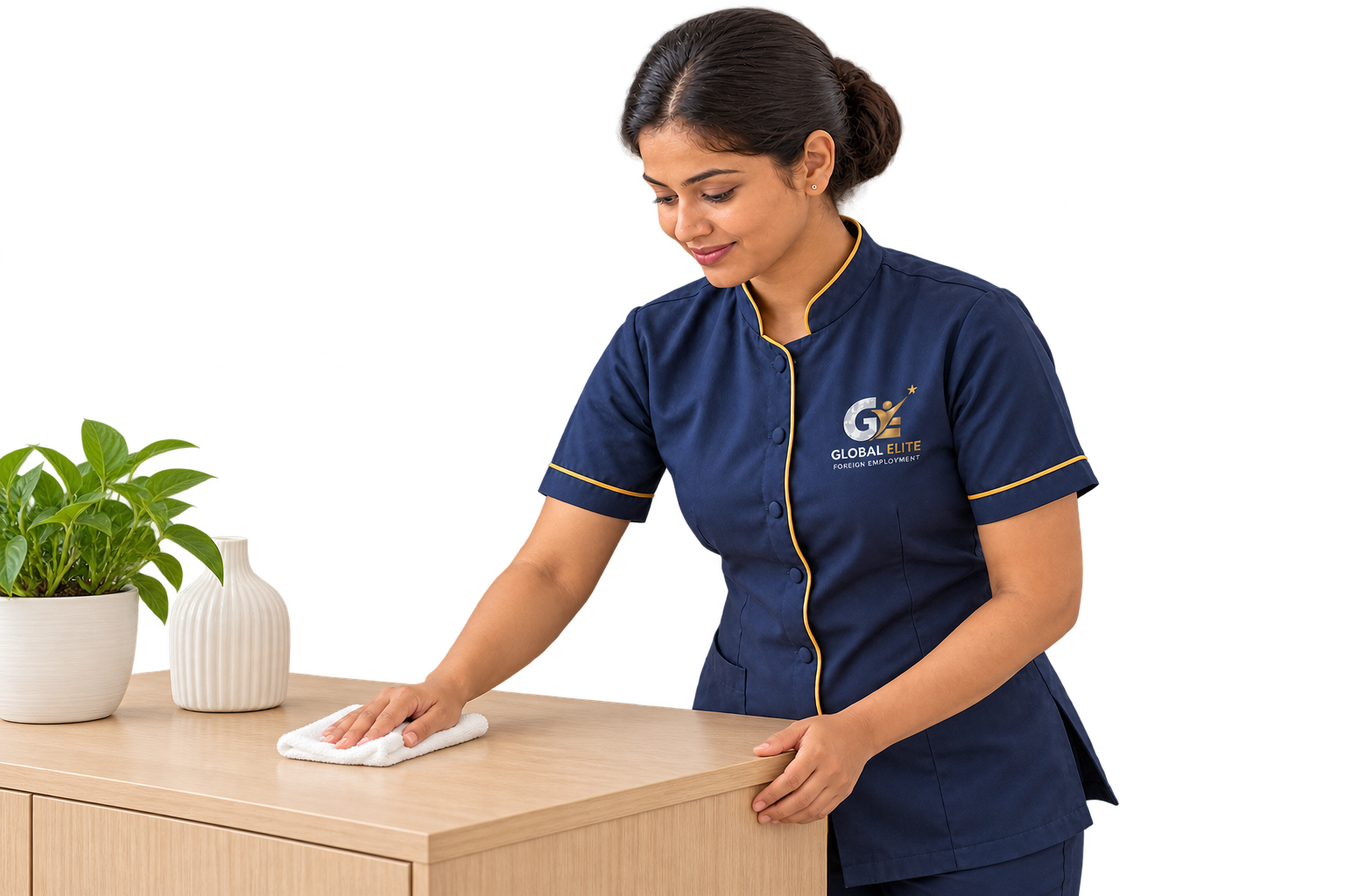 Global Elite housekeeper cleaning a wooden cabinet